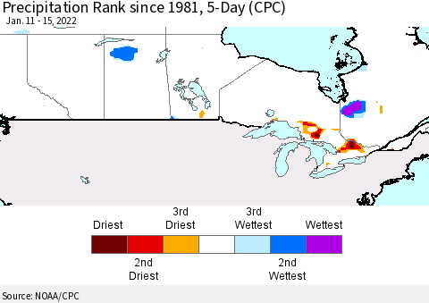 Canada Precipitation Rank since 1981, 5-Day (CPC) Thematic Map For 1/11/2022 - 1/15/2022