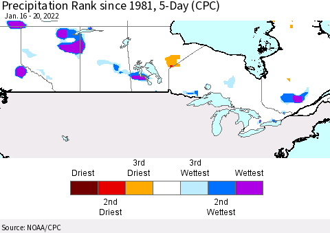 Canada Precipitation Rank since 1981, 5-Day (CPC) Thematic Map For 1/16/2022 - 1/20/2022