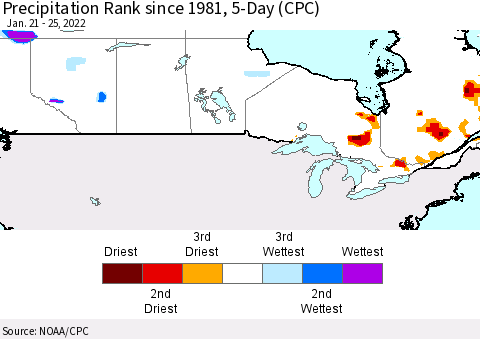 Canada Precipitation Rank since 1981, 5-Day (CPC) Thematic Map For 1/21/2022 - 1/25/2022