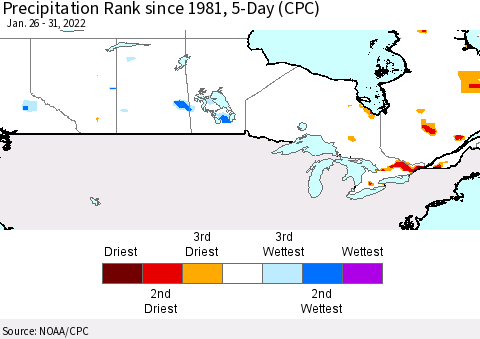 Canada Precipitation Rank since 1981, 5-Day (CPC) Thematic Map For 1/26/2022 - 1/31/2022