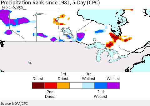 Canada Precipitation Rank since 1981, 5-Day (CPC) Thematic Map For 2/1/2022 - 2/5/2022