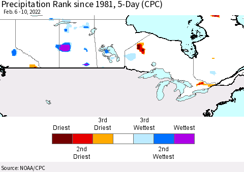 Canada Precipitation Rank since 1981, 5-Day (CPC) Thematic Map For 2/6/2022 - 2/10/2022