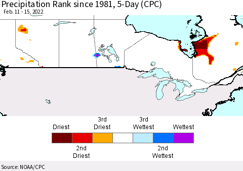 Canada Precipitation Rank since 1981, 5-Day (CPC) Thematic Map For 2/11/2022 - 2/15/2022