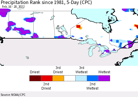 Canada Precipitation Rank since 1981, 5-Day (CPC) Thematic Map For 2/16/2022 - 2/20/2022