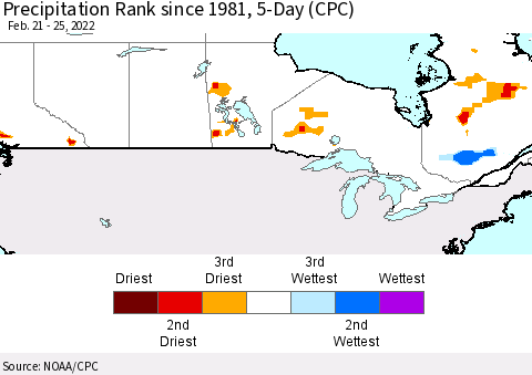 Canada Precipitation Rank since 1981, 5-Day (CPC) Thematic Map For 2/21/2022 - 2/25/2022