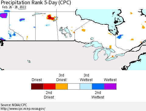 Canada Precipitation Rank since 1981, 5-Day (CPC) Thematic Map For 2/26/2022 - 2/28/2022