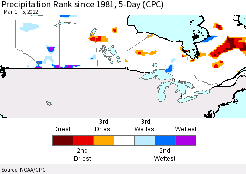 Canada Precipitation Rank since 1981, 5-Day (CPC) Thematic Map For 3/1/2022 - 3/5/2022