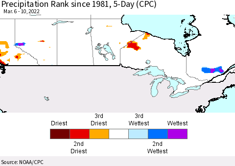 Canada Precipitation Rank since 1981, 5-Day (CPC) Thematic Map For 3/6/2022 - 3/10/2022