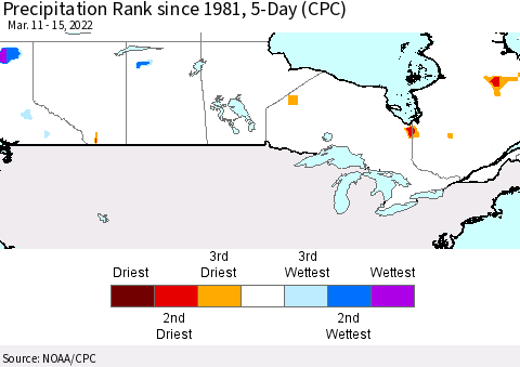 Canada Precipitation Rank since 1981, 5-Day (CPC) Thematic Map For 3/11/2022 - 3/15/2022