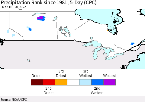Canada Precipitation Rank since 1981, 5-Day (CPC) Thematic Map For 3/16/2022 - 3/20/2022