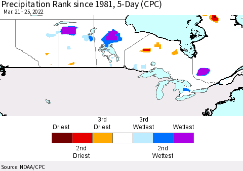 Canada Precipitation Rank since 1981, 5-Day (CPC) Thematic Map For 3/21/2022 - 3/25/2022