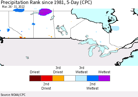 Canada Precipitation Rank since 1981, 5-Day (CPC) Thematic Map For 3/26/2022 - 3/31/2022