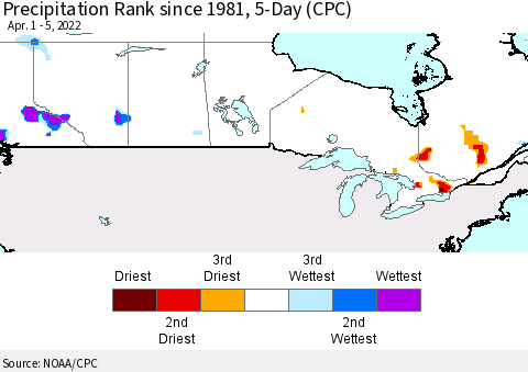 Canada Precipitation Rank since 1981, 5-Day (CPC) Thematic Map For 4/1/2022 - 4/5/2022