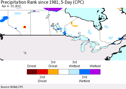 Canada Precipitation Rank since 1981, 5-Day (CPC) Thematic Map For 4/6/2022 - 4/10/2022