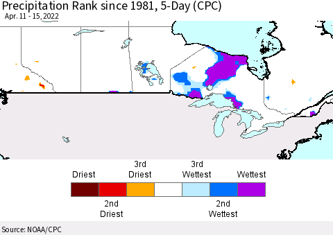 Canada Precipitation Rank since 1981, 5-Day (CPC) Thematic Map For 4/11/2022 - 4/15/2022