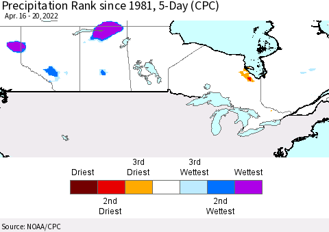 Canada Precipitation Rank since 1981, 5-Day (CPC) Thematic Map For 4/16/2022 - 4/20/2022