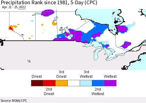 Canada Precipitation Rank since 1981, 5-Day (CPC) Thematic Map For 4/21/2022 - 4/25/2022