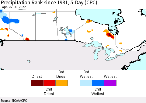 Canada Precipitation Rank since 1981, 5-Day (CPC) Thematic Map For 4/26/2022 - 4/30/2022