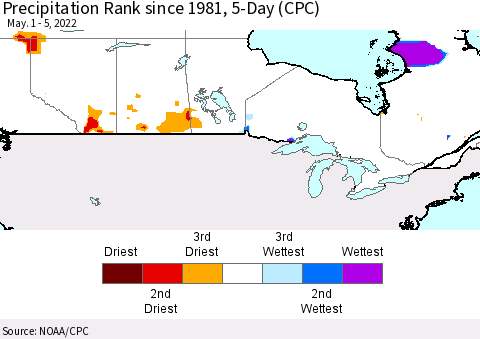 Canada Precipitation Rank since 1981, 5-Day (CPC) Thematic Map For 5/1/2022 - 5/5/2022