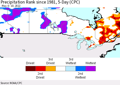 Canada Precipitation Rank since 1981, 5-Day (CPC) Thematic Map For 5/6/2022 - 5/10/2022