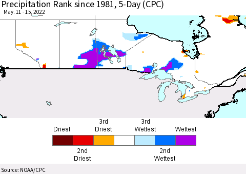 Canada Precipitation Rank since 1981, 5-Day (CPC) Thematic Map For 5/11/2022 - 5/15/2022