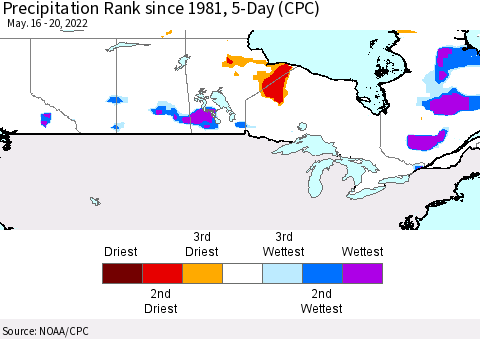 Canada Precipitation Rank since 1981, 5-Day (CPC) Thematic Map For 5/16/2022 - 5/20/2022