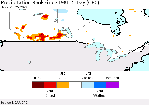 Canada Precipitation Rank since 1981, 5-Day (CPC) Thematic Map For 5/21/2022 - 5/25/2022