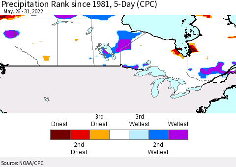 Canada Precipitation Rank since 1981, 5-Day (CPC) Thematic Map For 5/26/2022 - 5/31/2022