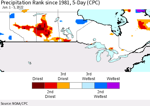 Canada Precipitation Rank since 1981, 5-Day (CPC) Thematic Map For 6/1/2022 - 6/5/2022