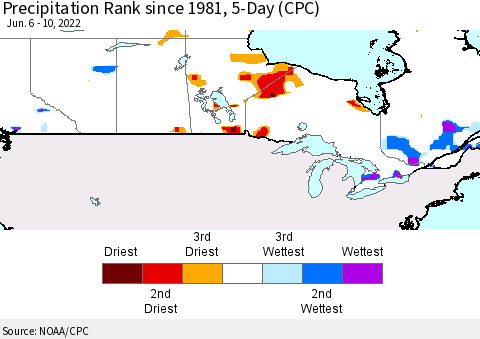 Canada Precipitation Rank since 1981, 5-Day (CPC) Thematic Map For 6/6/2022 - 6/10/2022