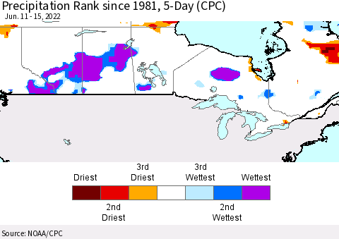 Canada Precipitation Rank since 1981, 5-Day (CPC) Thematic Map For 6/11/2022 - 6/15/2022