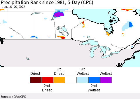 Canada Precipitation Rank since 1981, 5-Day (CPC) Thematic Map For 6/16/2022 - 6/20/2022