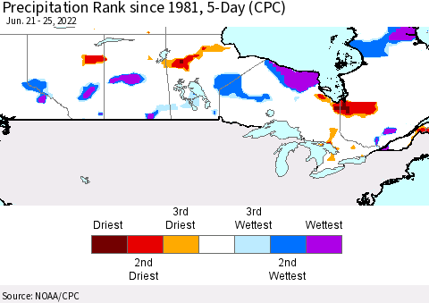 Canada Precipitation Rank since 1981, 5-Day (CPC) Thematic Map For 6/21/2022 - 6/25/2022