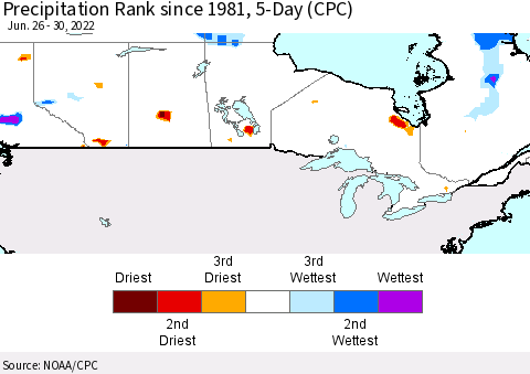 Canada Precipitation Rank since 1981, 5-Day (CPC) Thematic Map For 6/26/2022 - 6/30/2022
