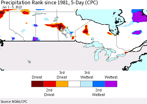 Canada Precipitation Rank since 1981, 5-Day (CPC) Thematic Map For 7/1/2022 - 7/5/2022