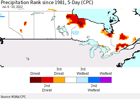 Canada Precipitation Rank since 1981, 5-Day (CPC) Thematic Map For 7/6/2022 - 7/10/2022