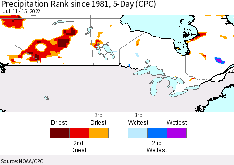 Canada Precipitation Rank since 1981, 5-Day (CPC) Thematic Map For 7/11/2022 - 7/15/2022