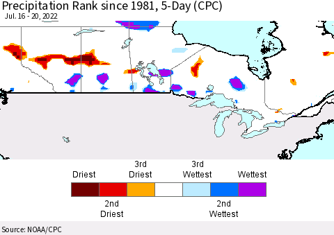 Canada Precipitation Rank since 1981, 5-Day (CPC) Thematic Map For 7/16/2022 - 7/20/2022