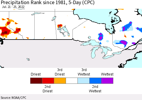 Canada Precipitation Rank since 1981, 5-Day (CPC) Thematic Map For 7/21/2022 - 7/25/2022