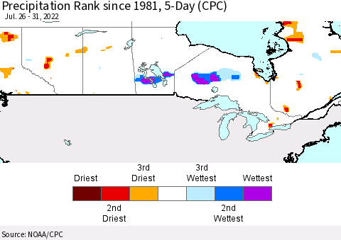 Canada Precipitation Rank since 1981, 5-Day (CPC) Thematic Map For 7/26/2022 - 7/31/2022
