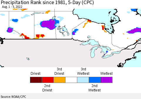 Canada Precipitation Rank since 1981, 5-Day (CPC) Thematic Map For 8/1/2022 - 8/5/2022