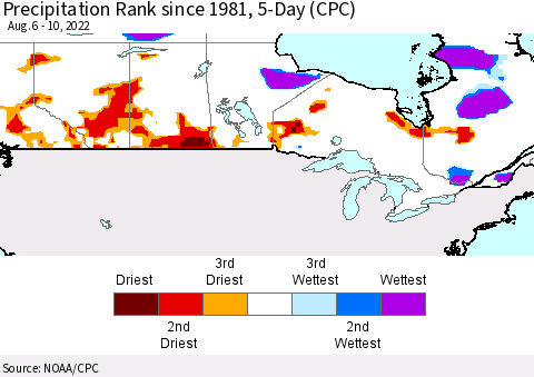 Canada Precipitation Rank since 1981, 5-Day (CPC) Thematic Map For 8/6/2022 - 8/10/2022