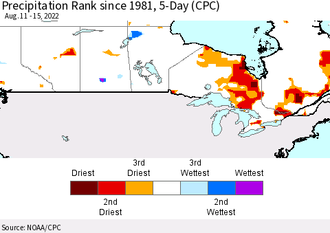 Canada Precipitation Rank since 1981, 5-Day (CPC) Thematic Map For 8/11/2022 - 8/15/2022