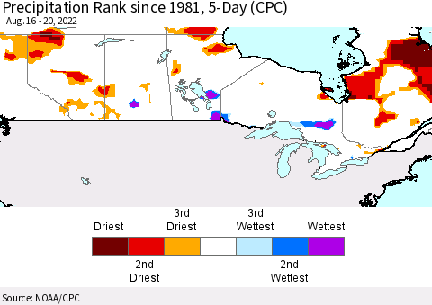 Canada Precipitation Rank since 1981, 5-Day (CPC) Thematic Map For 8/16/2022 - 8/20/2022