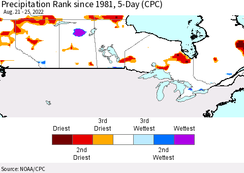 Canada Precipitation Rank since 1981, 5-Day (CPC) Thematic Map For 8/21/2022 - 8/25/2022
