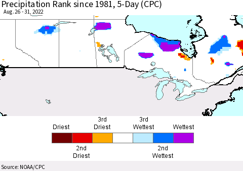 Canada Precipitation Rank since 1981, 5-Day (CPC) Thematic Map For 8/26/2022 - 8/31/2022