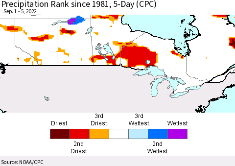 Canada Precipitation Rank since 1981, 5-Day (CPC) Thematic Map For 9/1/2022 - 9/5/2022
