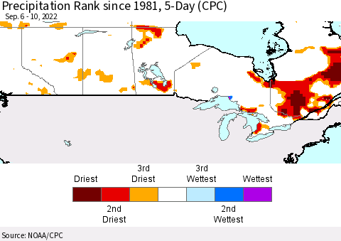 Canada Precipitation Rank since 1981, 5-Day (CPC) Thematic Map For 9/6/2022 - 9/10/2022