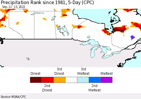 Canada Precipitation Rank since 1981, 5-Day (CPC) Thematic Map For 9/11/2022 - 9/15/2022