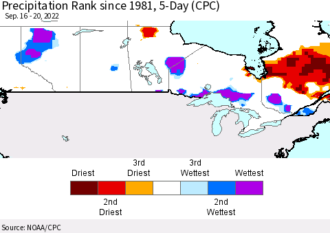 Canada Precipitation Rank since 1981, 5-Day (CPC) Thematic Map For 9/16/2022 - 9/20/2022